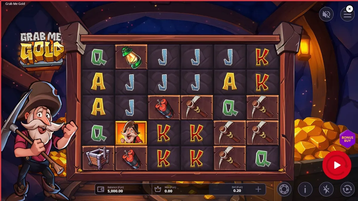 Tampilan visual slot Grab Me Gold dengan tema tambang emas dan simbol-simbol penambangan.